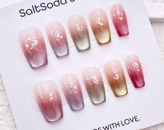 Rainbow Cat Eye Press On Nails: Glitter French Tip, Handmade