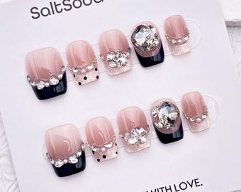 Dots Crystal Handmade Press On Nails: Light Pink, Short Square, Black French Tip