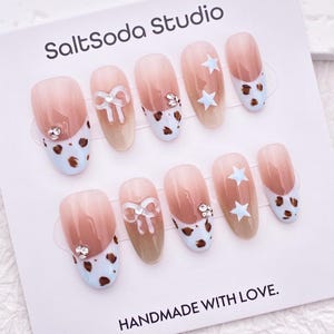 Kawaii Bow Star Nail/Light Pink Cat Eye Nail/Cute Oval Shape Nail/Handmade Press on Nail/Fashion Leopard Print White French Tip Nail