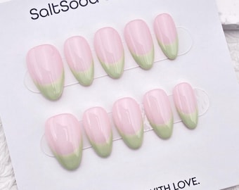 Light Green French Tip Press On Nails: Short Oval Handmade False Nails