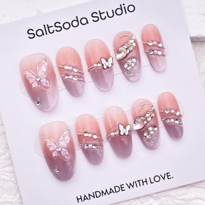 Delicate Crystal Butterfly Snake Nail/Cute Oval Shape Nail/Light Pink Cat Eye French Tip Nail/Handmade Press on Nail/Amazing Nail