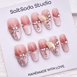 Delicate Crystal Butterfly Silver Line Nail/Cute Oval Shape Nail/Pink Cat Eye French Tip Nail/Handmade Press on Nail/Amazing Nail
