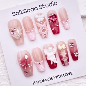 Sweetheart Ombre Pink Plaid Nail With Angel Bow/Cute Kawaii Crystal Glitter Nails/Japanese Anime Princess Press On Nails For Girls