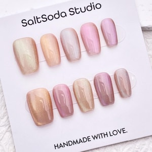 Candy Color Cat Eye Press On Nails: Rainbow Square Nail Art