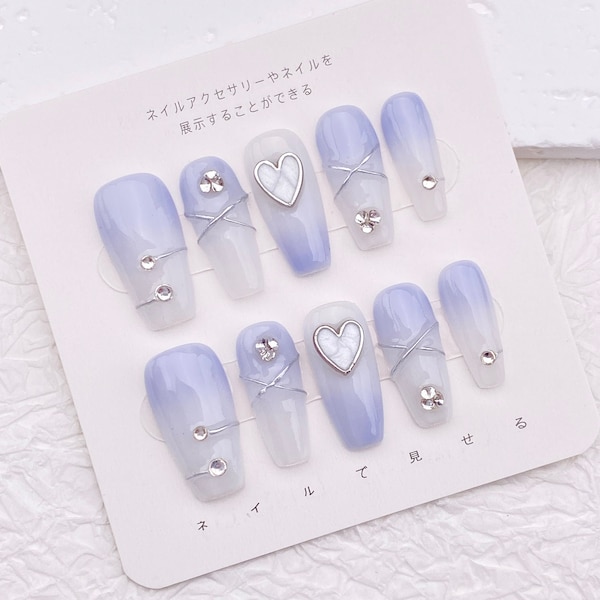 Sea Salt Coconut Cream False Nails And Rings/Heart Stone Crystals Ombre Handmade Acrylic Press On Nails/Y2K Elegant Soft Girl Nails