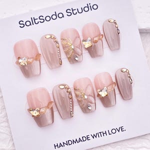 Beautiful Crystal Butterfly Nail/Pink Cat Eye Nail/Cute Medium Coffin Nail/Handmade Press on Nail/Delicate Wedding Valentine Nail