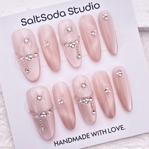Crystal Butterfly Press On Nails: Pink Cat Eye, Long Oval, Handmade