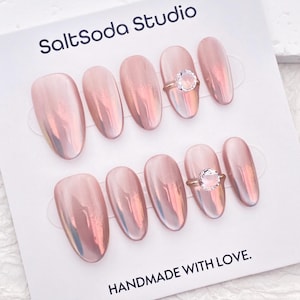 Aurora Pink Cat Eye Press On Nails: Crystal Ring, Handmade Bridal Nails
