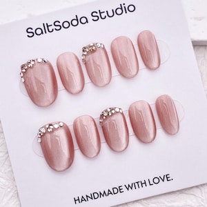 Handmade Pink Cat Eye Press On Nails: Crystal Accent, Short Oval