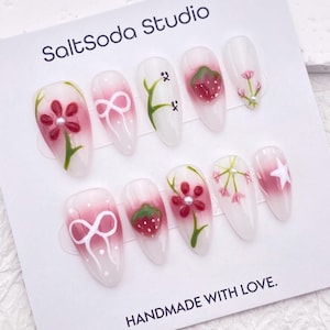 Handmade Strawberry Flower Press On Nails: White Bow, Ombre Almond Nail Set