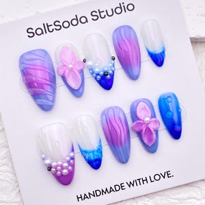 3D Flower Pearl Press On Nails: Aurora Ombre Almond, Blue Purple French Tip