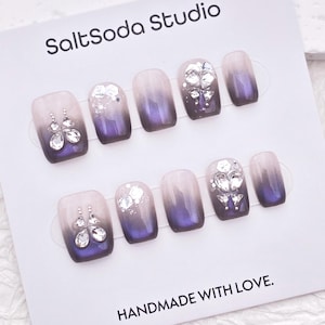 Glitter Butterfly Press On Nails: Purple Cat Eye French Tip, Short Square