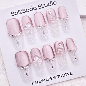 Delicate Crystal Butterfly Flower Nail/Light Pink Cat Eye Nail/Cute Long Oval Nail/Handmade Press on Nail/Clear French Tip Nail