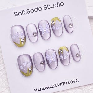 Handmade Butterfly Tulip Press On Nails: Lilac Lavender Cat Eye Short Oval
