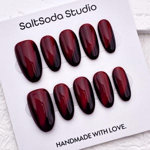 Handmade Burgundy Cat Eye Press On Nails: Elegant Oval False Nails, Solid Color