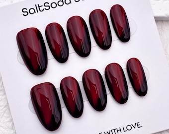 Handgemachte Burgunder-Katzenaugen-Press-On-Nägel: Elegante ovale falsche Nägel, feste Farbe