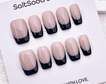 Handmade Black French Tip Press On Nails: Medium Square Elegant Nails