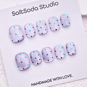 Handmade Press On Nails: Glitter Blue Dots, Light Purple Cat Eye, Short Round