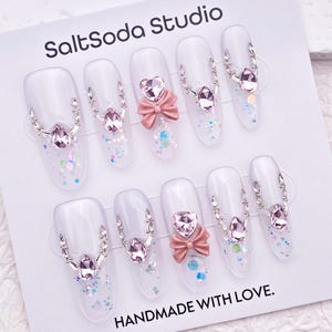 Princess Crystal Heart Bow Nail/Silver Cat Eye Nail/Cute Long Oval Nail/Handmade Press on Nail/Glitter Translucent French Tip Nail