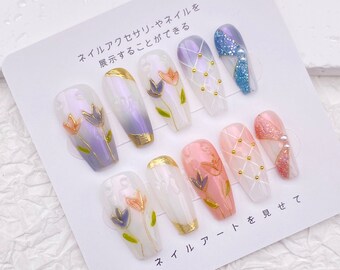 3D Hand-painted Tulips Press On Nails/Floral Fake Nails/Mirror Gold Delineate False Nails/Ribbon Glitter Party Nails