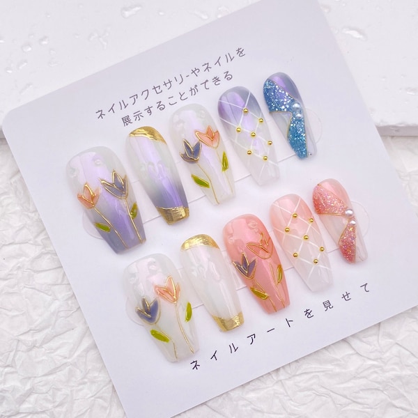 3D Hand-painted Tulips Press On Nails/Floral Fake Nails/Mirror Gold Delineate False Nails/Ribbon Glitter Party Nails