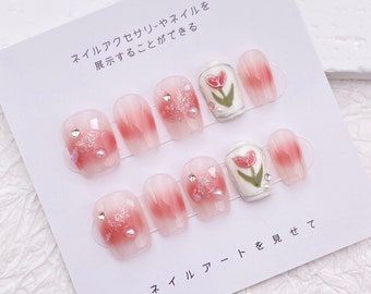Rustic Romantic Tulip Blush Hand Painted Floral Press on Nails/Short Square Spring Pink False Nails/Sweet Girl Press-on Nails