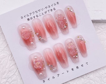 Blush Aurora Camellia Glitter Coffin Nails/Handmade Pearls Sunny Day Nails/Long Elegant Press on Nails