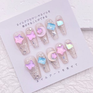 Dreamy Ice Translucent Butterfly Star Colorful Glitter Press On Nails/Candy Color Stars And Moon Nails Set/Y2K Kawaii Cute False Nails