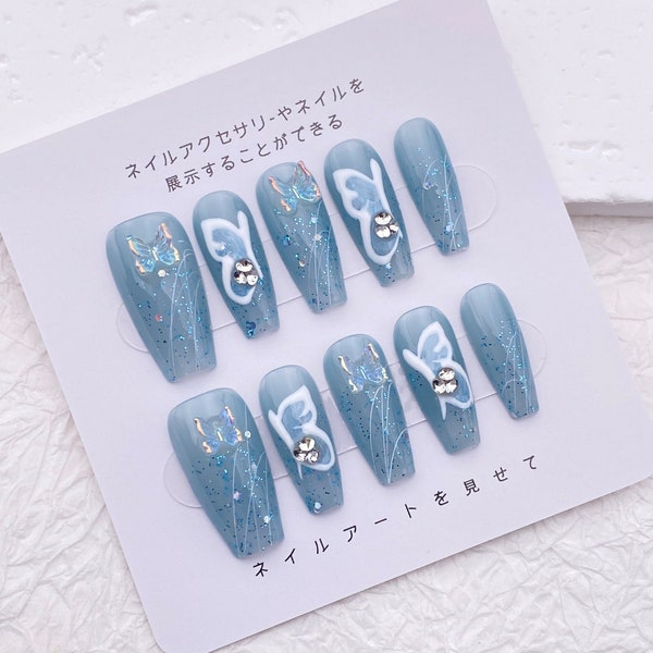 Hand Painted Butterfly Blue Long Coffin Press On Nails/Rhinestones Glitter False Nails/Elegant And Glitter Artificial Nails Set