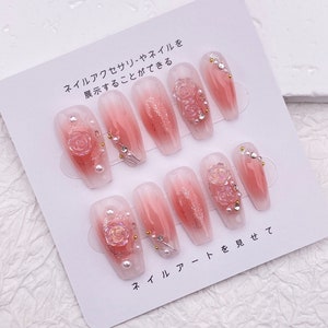 Blush Aurora Camellia Glitter Coffin Nails/Handmade Pearls Sunny Day Nails/Long Elegant Press on Nails