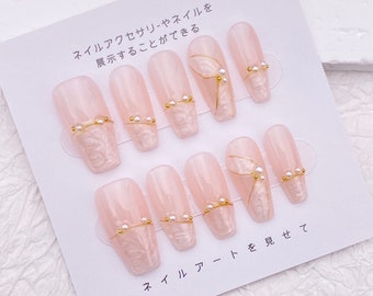 Presse de mariage de style français or dessiné à la main de style français sur les ongles / longues perles de cercueil Faux ongles de mariée élégants