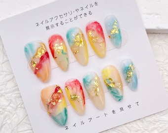 Bright Colorful Nail/Tie Dye Nails/Cute Almond Nails/Gold Foil Nails/Handmade Press on Nails/Spring Summer Nail/Fancy Nail Charms