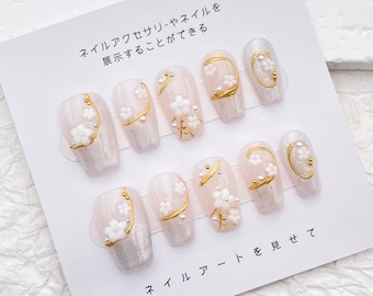 Ongles simples fleur de sakura/oeil de chat pointe française ongle/presse fait main sur les ongles/ongle floral printanier japonais/mignons ongles de cercueil moyen