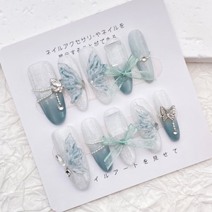 Fancy Butterfly Nail Charms/Ombre Cyan Cat Eye Nail/Handmade Press on Nails/Popular Spring Long Oval Nail/Pretty Wedding Prom Nails