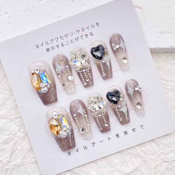 Luxury Sparkle Rhinestone Nails/Ombre Light Gray Nails/Handmade Press on Nails/Pretty Bling Crystal Nail/Fancy Winter Christmas Nail
