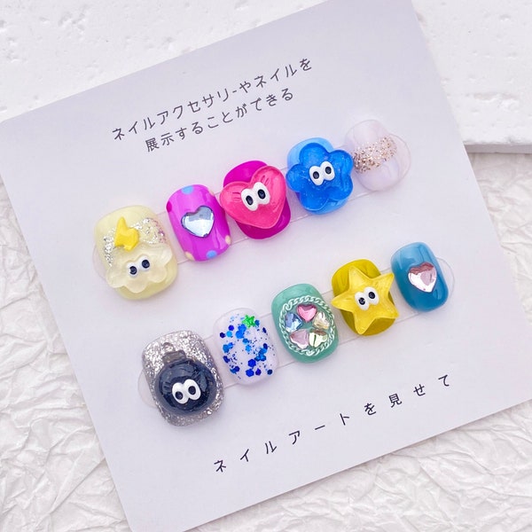 Cute Short Colorful Nails/Acrylic Candy Color Nails/Kawaii Korean Cartoon Nail/Handmade Press on Nails/Lovely Summer Bright Nails