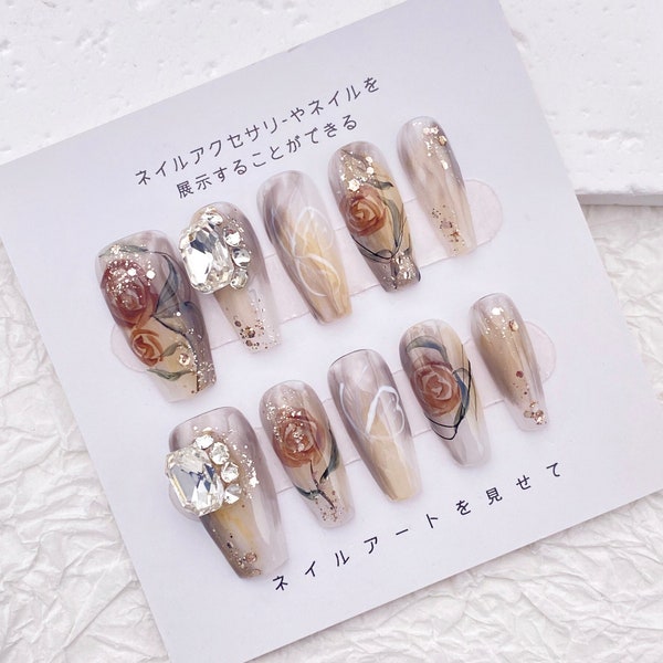 Vintage Rhinestone Flower Nail/Trendy Elegant Classy Nail/Handmade Press on Nails/Acrylic Coffin Floral Nail/Autumn Winter Nail