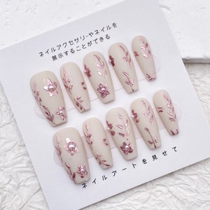 Simple Pretty Flower Nail/Acrylic Coffin Nails/Handmade Press on Nails/Spring Floral Nail/Trendy Popular Nail/Easy Valentine Nails