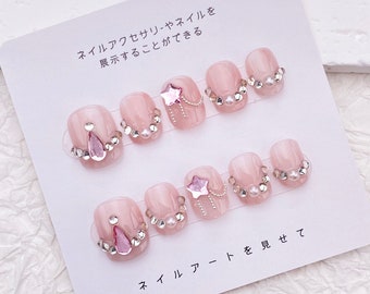 Delicate Pearls Crystal Nails/Cute Short Light Pink Nails/Handmade Press on Nails/Kawaii Princess Glitter Nails/Lovely Birthday Nail