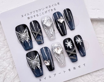 Glitter Butterfly Nail Design/Rhinestone Blue and Silver Nails/Gothic Punk Cool Nail/Handmade Press on Nails/Fashion Trendy Nail