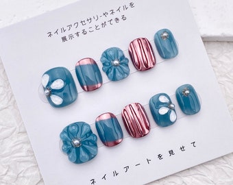 3d Blue Flower Nail/Cute Short Acrylic Nail/Handmade Press on Nail/Simple Easy Nail/Trendy Popular Nail/Pretty Spring Floral Nail