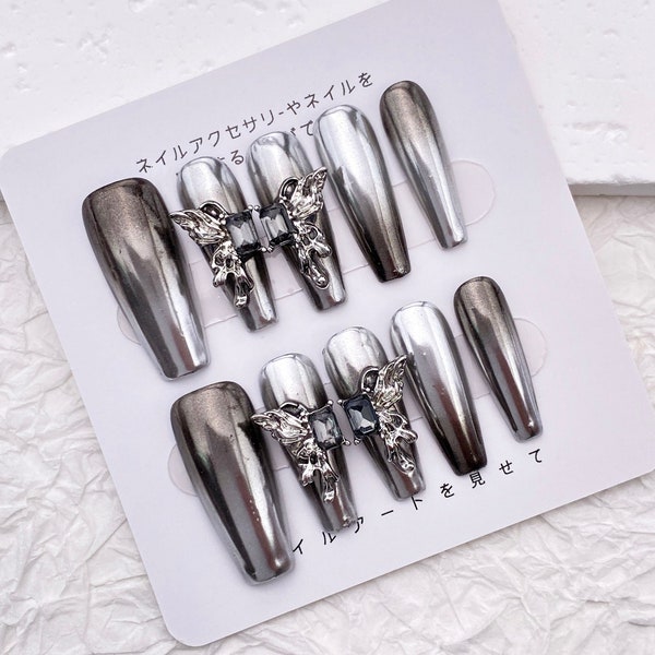 Fashion 3d Butterfly Nails/Coffin Black and Silver Ombre Nails/Handmade Press on Nail/Extra Long Nails Acrylic/Silver Chrome Nails