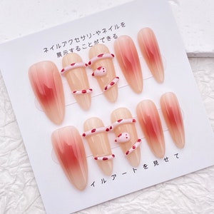 Kawaii 3d Snake Nail/Ombre Pink Almond Nail/Handmade Press on Nail/Cute Animal Nail Design/Fashion Cool Y2k Nail/Lovely Party Nail