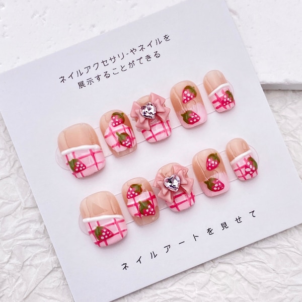Lovely Bow Strawberry Nail/Summer Cute Short Nails/Pink Plaid Nail/French Tip Nail/Handmade Press on Nail/Sweet Kawaii Girl Nail