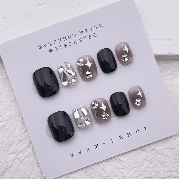 Cute Short Press On Nails/Black Glitter/Cool Nails/Bling Nails/Reusable Nails/Extra Very Short Nails/Y2K Nails/Trendy Star Nails