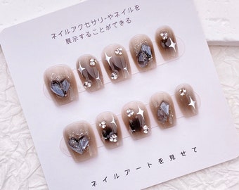 Lovely Short Y2k Nail/Heart and Star Nails/Sweet Cool Girl Nail/Handmade Press on Nail/Ombre Black Glitter Nail/Fancy Kawaii Nail