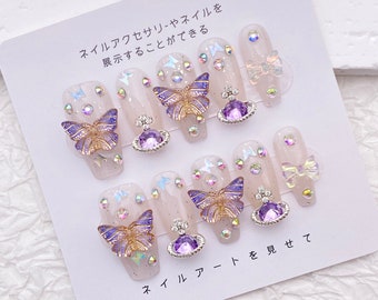 Bling Rhinestone Planet 3D Purple Butterfly Nail/Cute Glitter Acrylic Coffin Lavender Nail/Luxury Press On Nails/Fancy Nail Charms