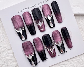 Charming Ombre Purple Nail/Glitter Cat Eye Nail/French Tip Extra Long Nail/Handmade Press on Nail/Crystal Purple and Black Nails