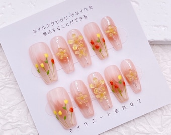 Pink Ombre Daisy Tulips Floral Pastel Press On Nails/Cute Flower Fake Nails/Candy Long Coffin Nails/Y2K Kawaii Summer False Nails