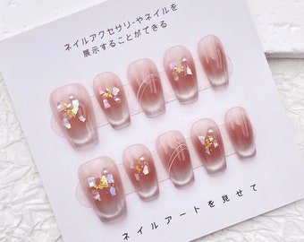 Pink Cat Eye Nails/Gold Foil Nail Art/Medium French Tip Nail/Handmade Press on Nail/Cute Pink Acrylic Nails/Pretty Valentine Nails